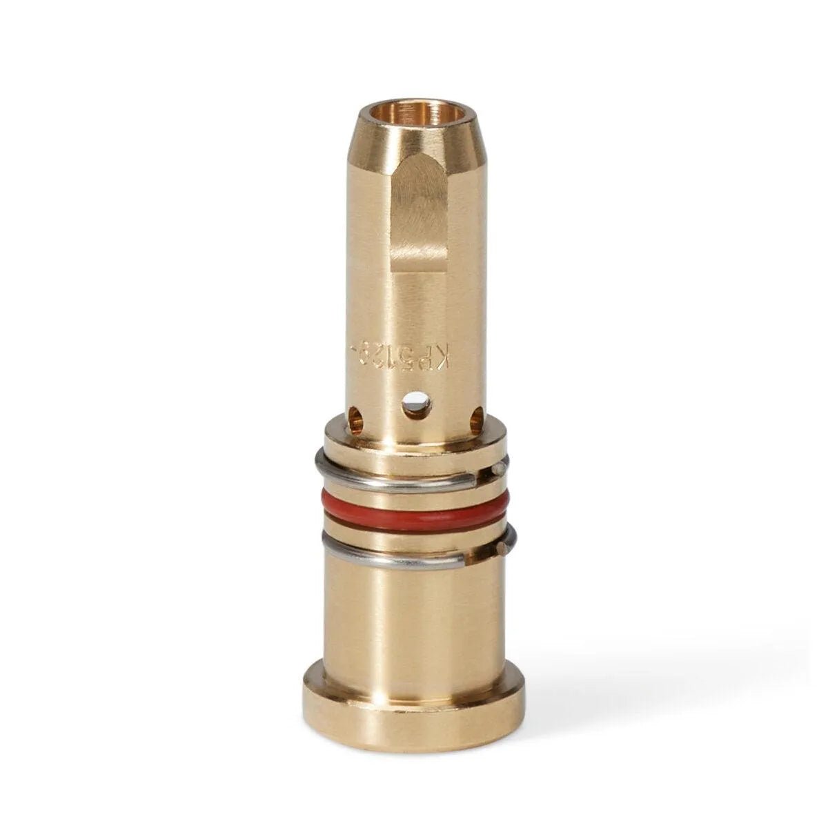 The Lincoln Magnum PRO Diffuser 550A, Slip-On KP5129-2 is a cylindrical brass cartridge with grooves, two red O-rings, a flared base, hexagonal nozzle top, and engraved numbers on its shiny surface. Shown on a plain white background.