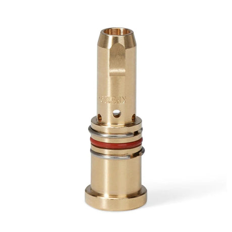 The Lincoln Magnum PRO Diffuser 550A, Slip-On KP5129-2 is a cylindrical brass cartridge with grooves, two red O-rings, a flared base, hexagonal nozzle top, and engraved numbers on its shiny surface. Shown on a plain white background.