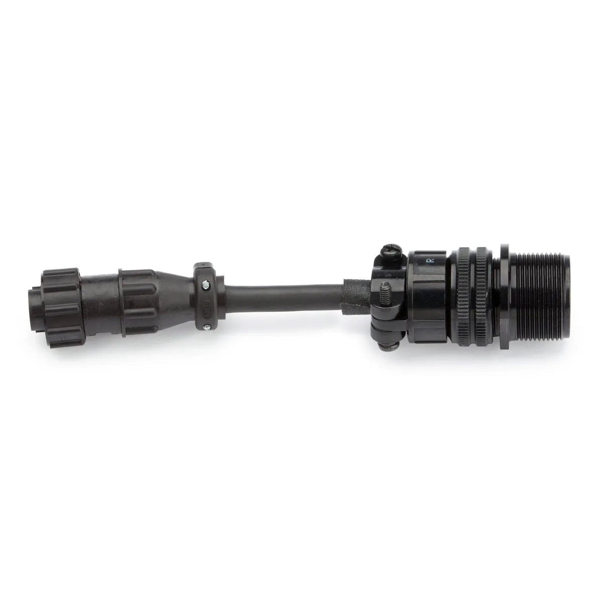 The Lincoln Magnum PRO Dual Procedure/Dual Schedule Adapter K3159-1 is a black cylindrical industrial connector with a threaded end, central flexible link, ribbed grip, and grooves for enhanced handling. Made from durable metal and plastic.