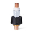 Lincoln Magnum PRO HDE Flexible Gun Tube Adapter KP5146-1 for welding torches, brass, copper, chrome, black grip on white background.