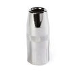 A shiny, metallic welding gun nozzle with a cylindrical shape and textured grip in the middle stands upright on a white background.