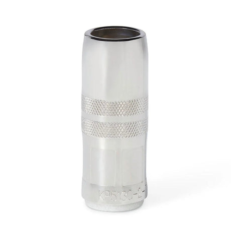 A close-up of the Lincoln Magnum PRO Nozzle 550A, Slip-on, Flush, 3/4 in ID (KP5130-2-75F), shows its shiny cylindrical body with two knurled grip bands and a hollow hexagonal opening. The engraved base reads “KP5130-2-”.