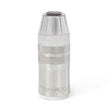 A metallic Lincoln Magnum PRO Nozzle 550A, Slip-on, Stickout, 1/2 in (12.7 mm) ID KP5130-2-50S features a tapered top, cylindrical body, knurled grip, and engraved markings near the base, shown on a plain white background.