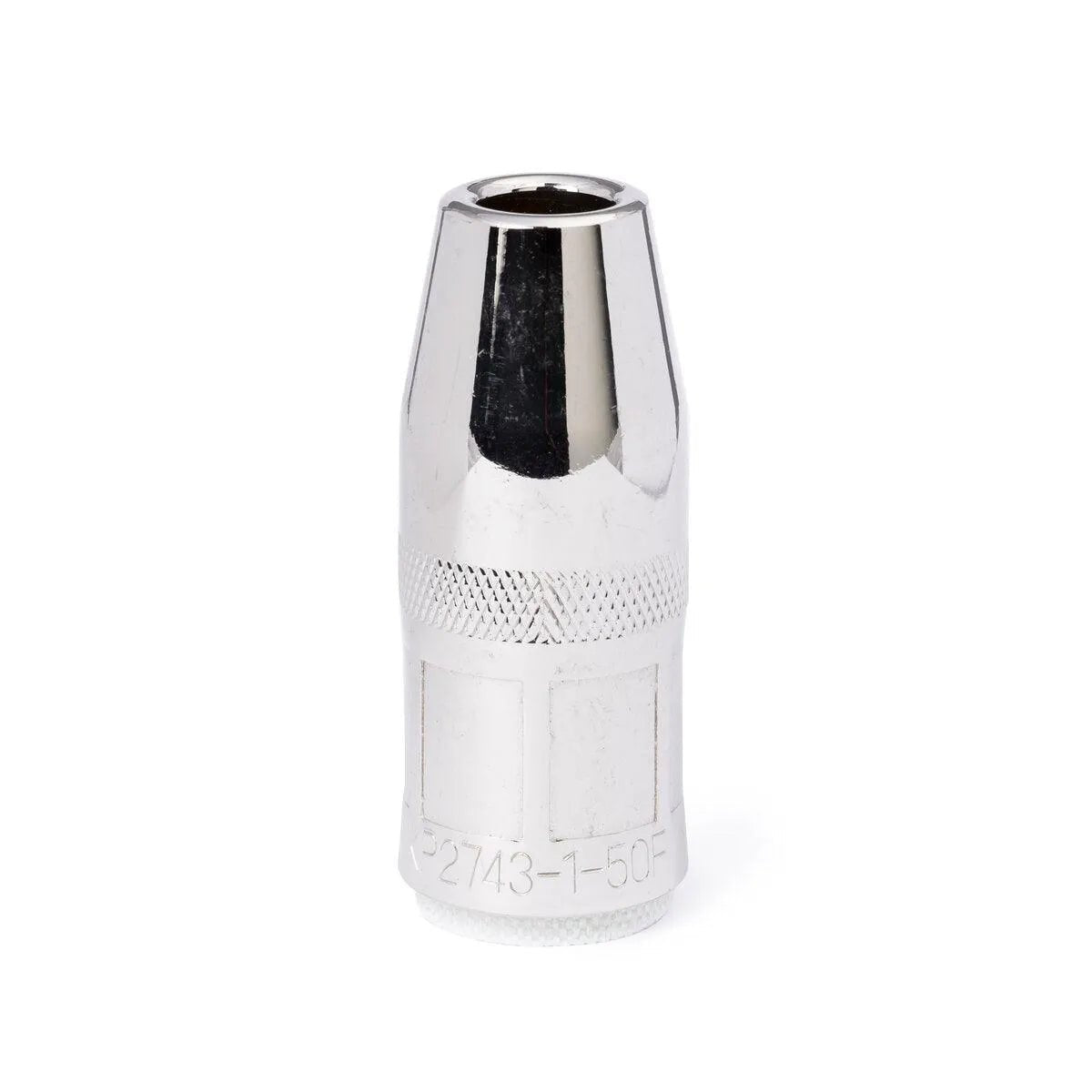 A Lincoln Magnum PRO Nozzle 550A, Thread-on, Flush, 1/2 in (12.7 mm) ID KP2743-1-50F stands upright on a plain white background, its silver finish, hexagonal top, knurled grip, and engraved markings clearly visible.