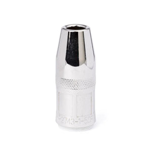 A Lincoln Magnum PRO Nozzle 550A, Thread-on, Flush, 1/2 in (12.7 mm) ID KP2743-1-50F stands upright on a plain white background, its silver finish, hexagonal top, knurled grip, and engraved markings clearly visible.