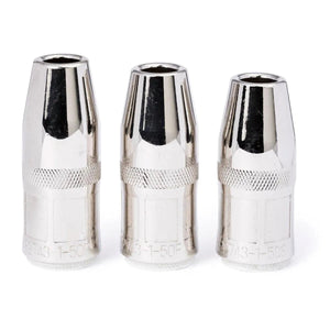 Three shiny Lincoln Magnum PRO Nozzle 550A MIG welding tips (thread-on, flush, 1/2 in ID KP2743-1-50F) stand upright in a row on a white background, each with a knurled grip band, beveled ends, and engraved markings near the base.