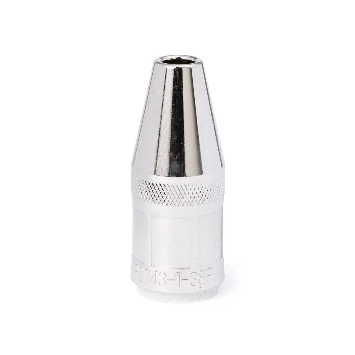 The Lincoln Magnum PRO Nozzle 550A, Thread-on, Flush, 3/8 in (9.5 mm) ID KP2743-1-38F features a shiny metallic finish, tapered top, cylindrical knurled base for grip, and visible engraved markings on a plain white background.