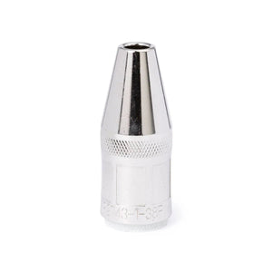 The Lincoln Magnum PRO Nozzle 550A, Thread-on, Flush, 3/8 in (9.5 mm) ID KP2743-1-38F features a shiny metallic finish, tapered top, cylindrical knurled base for grip, and visible engraved markings on a plain white background.