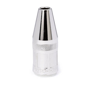 A close-up of the Lincoln Magnum PRO Nozzle 550A, Thread-on, Recess, 3/8 in (9.5 mm) ID KP2743-1-38R shows its shiny metal build with a hex base, smooth taper, knurled grip, and engraved numbers against a plain white background.