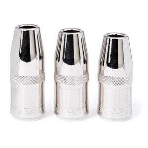 Three Lincoln Magnum PRO Nozzle 550A KP2743-1-50S, each with a 1/2 in (12.7 mm) ID and threaded stickout design, stand upright. The nozzles feature a tapered tip, knurled grip, and engraved markings for easy identification.