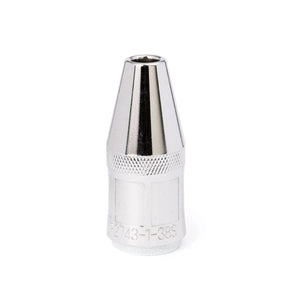 A shiny, silver, cylindrical Lincoln Magnum PRO Nozzle 550A KP2743-1-38S with a knurled grip, tapered end, engraved markings, and a hexagonal 3/8 in (9.5 mm) opening sits against a plain white background.