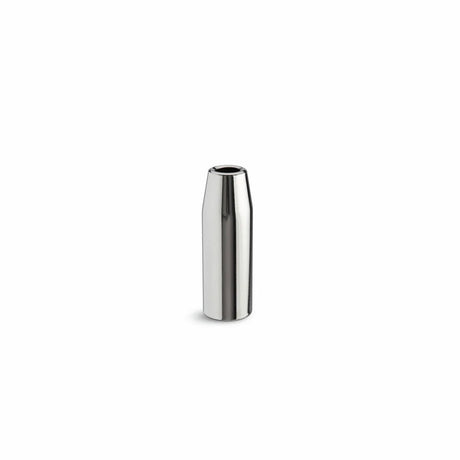 A smooth, reflective metal object stands upright on a white background, resembling the Lincoln Magnum PRO Water-Cooled Gas Nozzle Thread-On, 1/8 in. Recess, 1/2 in. ID (KP4523-1-50R), made of stainless steel for spatter resistance.