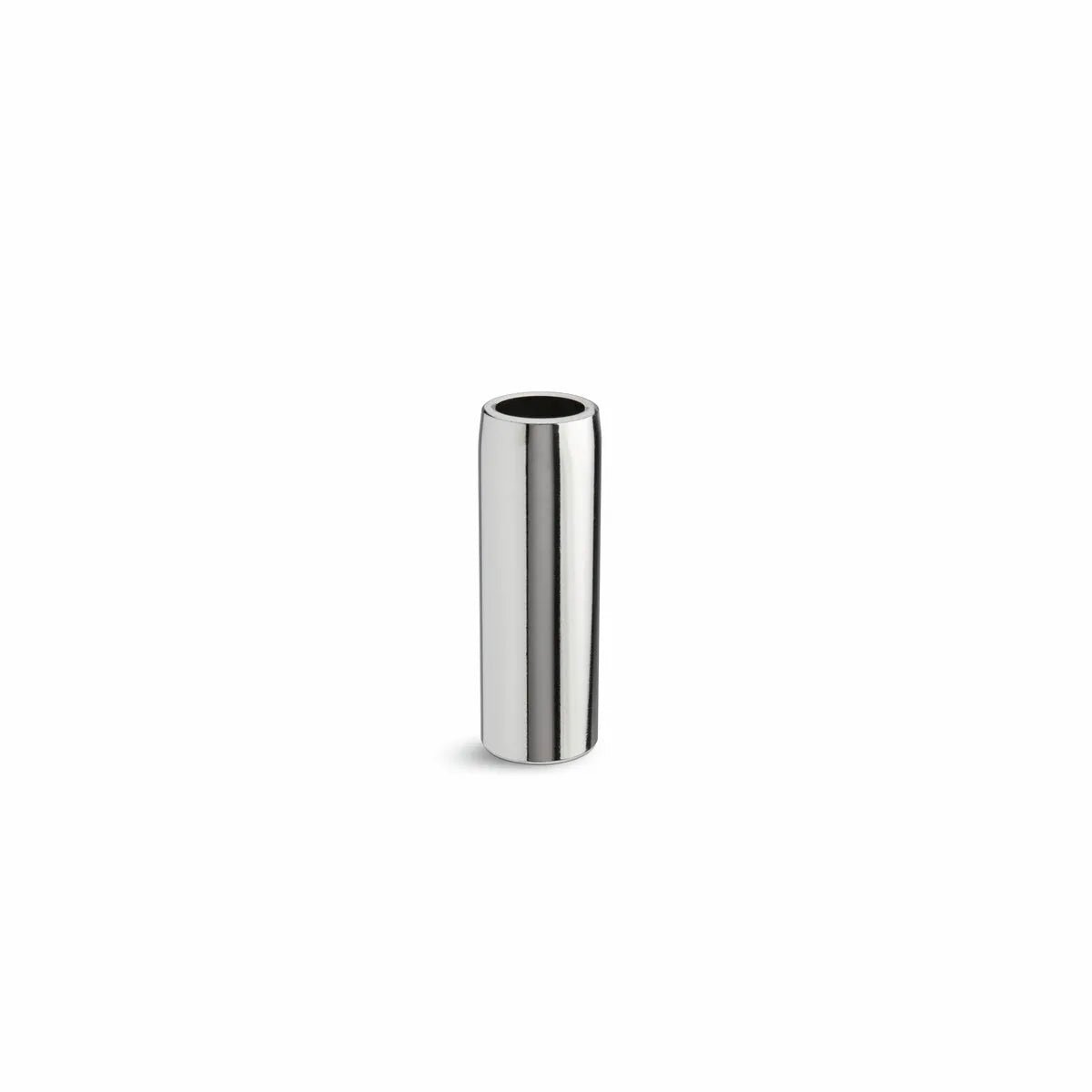 A simple, silver cylindrical vase with a reflective surface stands upright on a white background, its smooth, minimalistic design recalling the spatter-resistant finish of the Lincoln Magnum PRO Water-Cooled Gas Nozzle Thread-On KP4523-1-75R-B25.