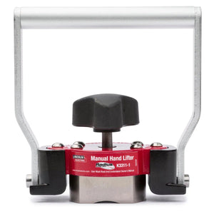 The Lincoln Manual Hand Lifter K3311-1 features a red metal base, large black knob, silver handlebar, and visible instructions—ideal for use with Lincoln magnetic fixturing tools in any workshop.