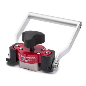 The Lincoln Manual Hand Lifter K3311-1 features a red and black magnetic body, silver U-shaped handle, central black knob, and visible metal bolts. It is shown on a white background with its product name in white text.