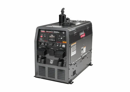 Lincoln Maverick 260X Engine-Driven Welder Kubota K5272-1, black, welding machine with dials and panels on white background.