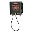 A black Lincoln MAXsa 10 CONTROLLER K2814-4 has red buttons, switches, a display screen, and a coiled black cable at the bottom. The unit is mounted on a metal bracket against a white background.