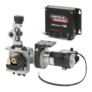 The image shows a Lincoln MAXsa 29 Feed Head K2312-2 with metal wire feed mechanism, motor, and rollers, featuring wire feed speed control for submerged arc welding automation. Components are made of metal and plastic.