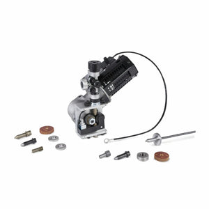 The Lincoln MAXsa 29 Feed Head K2312-2 is a compact motorized metal device with a black cylindrical motor, attached gears, wire feed speed control, and various metallic parts shown on a white background.