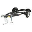 The Lincoln Medium Two-Wheel Welder Trailer K2636-1 features a black heavy-duty frame, two white-rimmed tires, black fenders, front hitch with safety chains, and a jack stand—perfect for hauling welders. Shown on a plain white background.
