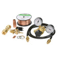 The Lincoln MIG Conversion Kit K2526-1 includes copper tubing, brass fittings, a copper nozzle, two pressure gauges with gas regulator and black hoses, wire connectors, mounting hardware, and small electric and metal parts displayed on a white background.
