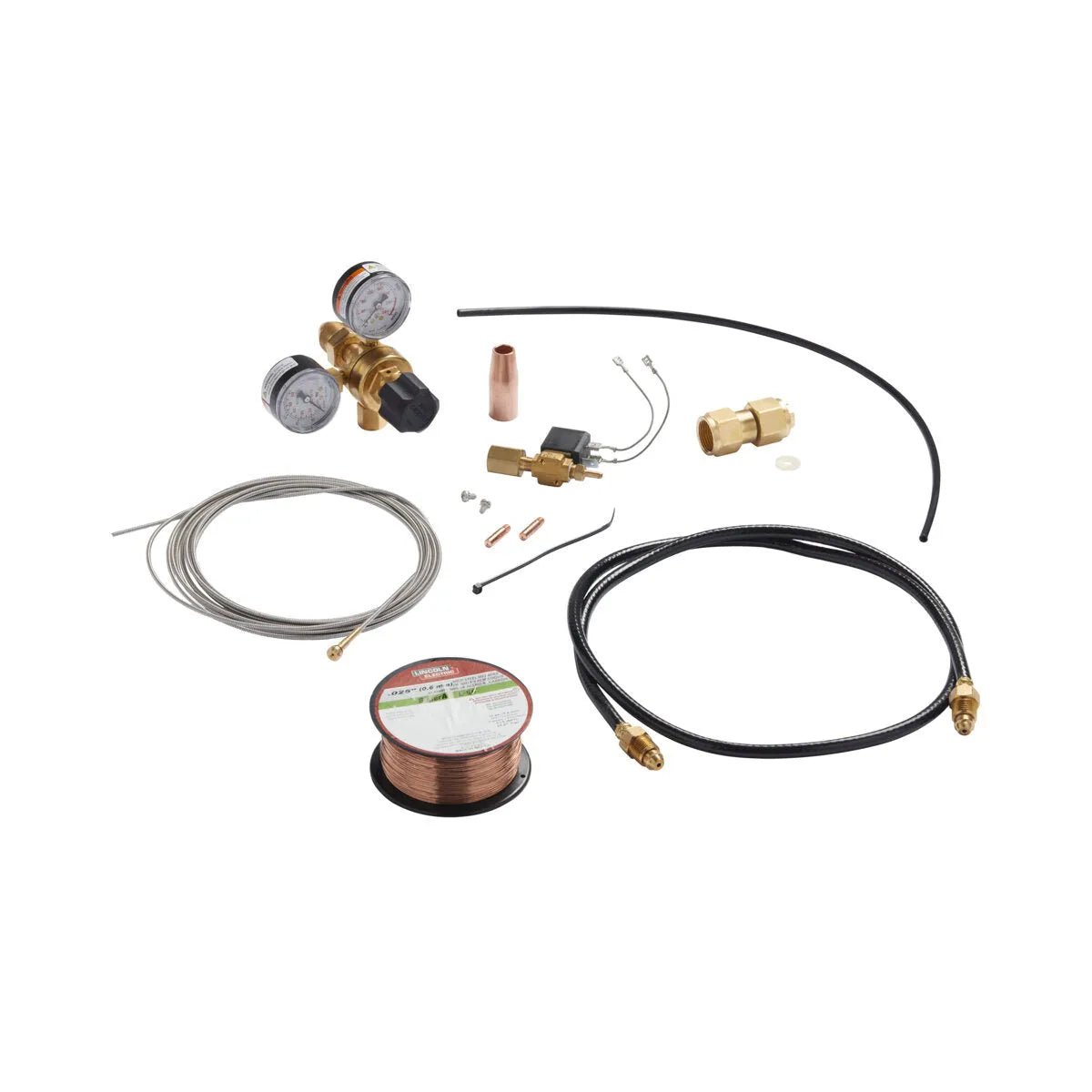 The Lincoln MIG Conversion Kit K610-1 includes a regulator with gauges, black and silver hoses, copper wire spool, brass connectors, copper nozzle, solenoid valve, wires, and small fittings arranged on a white background.