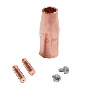 The Lincoln MIG Conversion Kit K610-1 includes a copper welding nozzle, two contact tips, and two silver screws, all clean and unused, standing upright and neatly arranged on a white background.