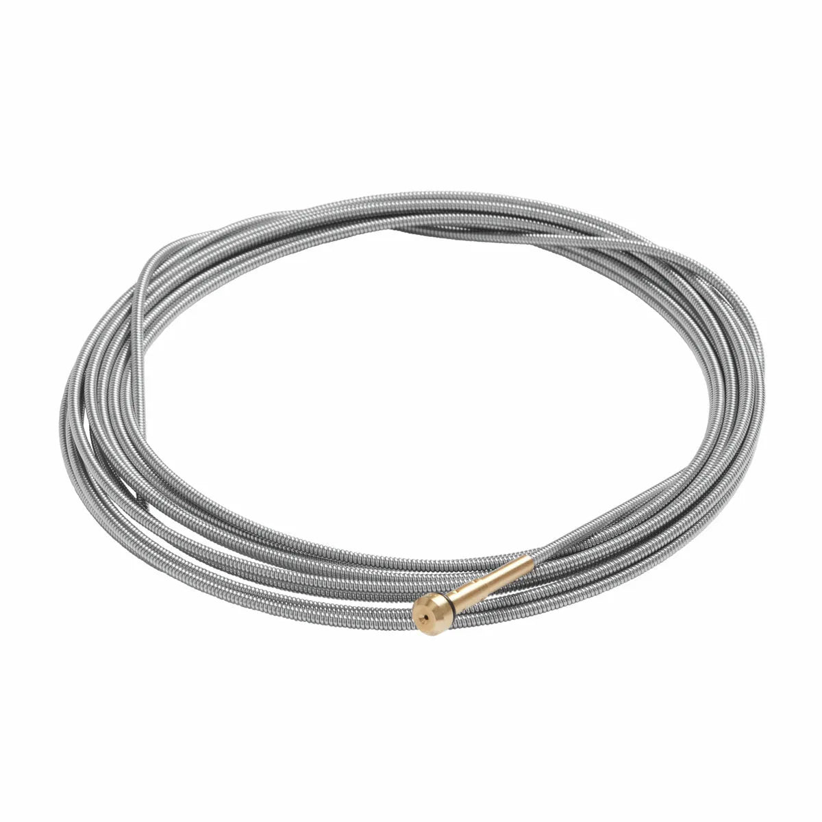 A coiled steel guitar string with a shiny metallic finish and gold ball end rests on white, showcasing precision reminiscent of the Lincoln MIG Conversion Kit K610-1.