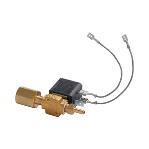 The Lincoln MIG Conversion Kit K610-1 includes a brass solenoid valve with a black rectangular coil, two gray wires on metal terminals, and a threaded connector, all shown isolated against a white background.