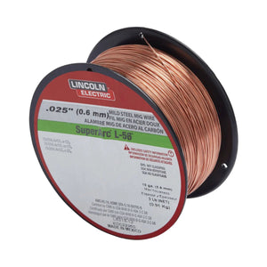 A spool of 0.025 (0.6 mm) Lincoln Electric SuperArc L-56 mild steel MIG wire, copper-coated on a black reel with a red, green, and white label—ideal for use with the Lincoln MIG Conversion Kit K610-1 and other MIG accessories.