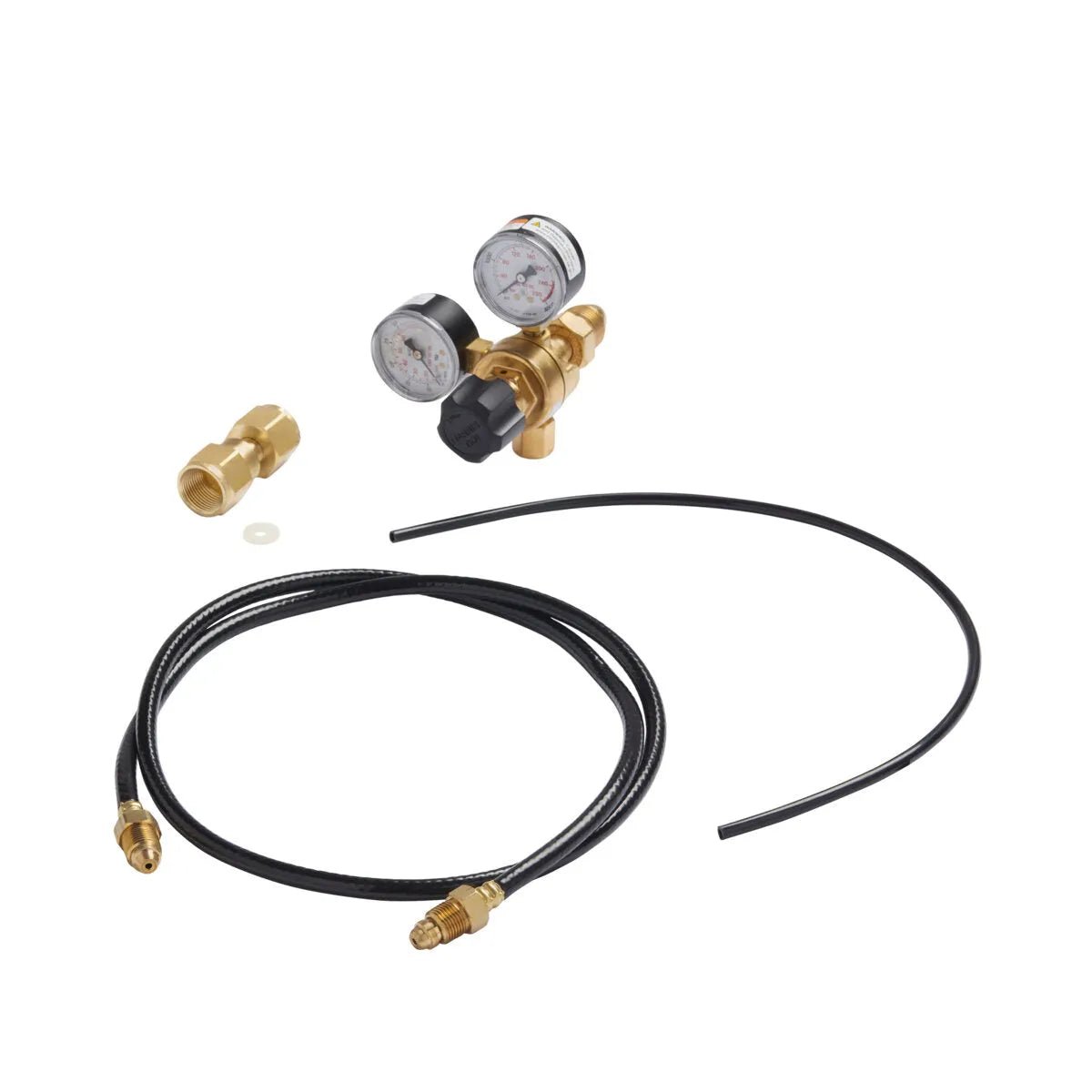 The Lincoln MIG Conversion Kit K610-1 features a brass CO2 regulator with dual gauges, black control knob, two black hoses with brass fittings, a brass connector, and a white washer—all shown on a white background.