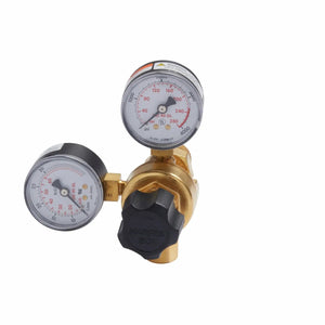 A brass gas regulator with two pressure gauges (psi/kPa) and a black Harris 801 knob, ideal for MIG welding or use in the Lincoln MIG Conversion Kit K610-2, is shown from above on a white background.
