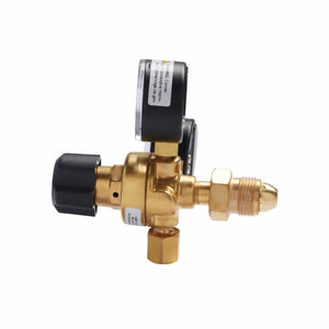 A close-up of the Lincoln MIG Conversion Kit K610-2 gas regulator with a top pressure gauge, black adjustment knob on the left, threaded brass connector on the right, and smaller brass fitting below. Shown against a plain white background.