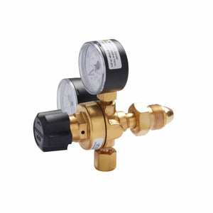 The Lincoln MIG Conversion Kit K610-2 is a brass gas regulator for MIG welding with two round pressure gauges, clear marked faces, red indicator needles, a black adjustment knob on one side, and a threaded connector on the other.