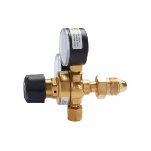 A brass gas regulator with a pressure gauge, black plastic adjustment knob, and threaded connector—compatible with the Lincoln MIG Conversion Kit K610-2—shown isolated on a white background.