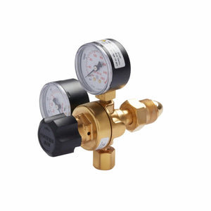 A brass gas regulator with dual pressure gauges, black knob, and multiple connectors is shown against a white background. Suitable for MIG welding or use with the Lincoln MIG Conversion Kit K610-2.