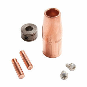A set of five MIG welding gun consumable parts—1 tapered copper nozzle, 1 retaining ring, 2 contact tips, and 2 screws—shown on a white background. Ideal for use with the Lincoln MIG Conversion Kit K610-2.