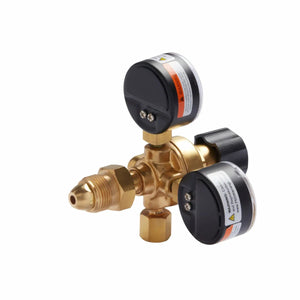 A brass gas regulator for MIG welding or use with the Lincoln MIG Conversion Kit K610-2 features dual pressure gauges, black plastic caps, threaded metal connections, and a black adjustment knob—all shown against a white background.