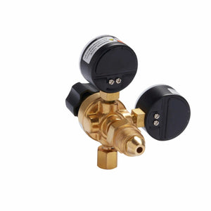 The Lincoln MIG Conversion Kit K610-2 includes a brass gas regulator with two angled black gauge meters, a black adjustment knob, and threaded connectors. Ideal for MIG welding. Shown on a plain white background.