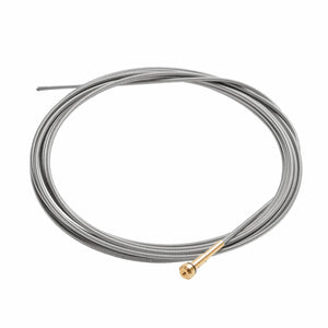 A coiled silver metal wire with a brass-colored tip, arranged in a circle on a white background, resembling the type included in the Lincoln MIG Conversion Kit K610-2.