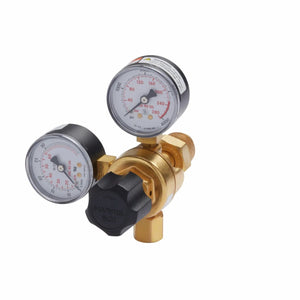 The Lincoln MIG Conversion Kit K610-2 includes a brass gas regulator with dual pressure gauges and a black HARRIS 601 knob, designed for MIG welding setups. Threaded connectors ensure an easy fit to gas cylinders.