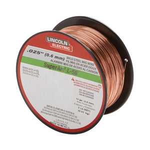 A spool of .025 in (0.6 mm) Lincoln Electric SuperArc L-56 mild steel MIG wire, copper-coated, pairs perfectly with the Lincoln MIG Conversion Kit K610-2. Features bilingual labeling for convenience.