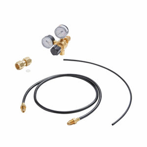 A CO2 regulator kit for MIG welding, with dual pressure gauges, brass fittings, flexible hose and connectors—perfect for use with the Lincoln MIG Conversion Kit K610-2.