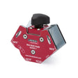 The Lincoln Mini Multi Angle Magnetic Fixture K3318-1 features red and silver coloring, a black knob, and angle markings (45/135°, 105/75°) for precise alignment of small steel parts in metalworking and welding.