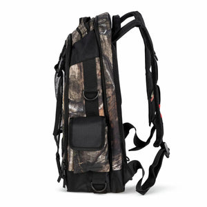 Lincoln K5273-1 Mossy Oak camo welder backpack with black straps, front pocket, loops—ideal for welding helmet and PPE storage.