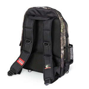 Lincoln Mossy Oak Welders Backpack K5273-1 with camo, padded straps, mesh pocket—ideal for PPE or welding helmet storage.