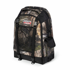 Lincoln Mossy Oak camo welders backpack K5273-1 with helmet storage, mesh pocket, tool pouches, and Lincoln Electric logo.