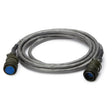 The Lincoln Motorized Slide or Seam Tracker Drive Cable 10 ft. (3 m) K52030-1 features coiled gray cable and rugged metallic circular connectors—one with blue pinholes, the other with blue pins—ideal for industrial electronics.