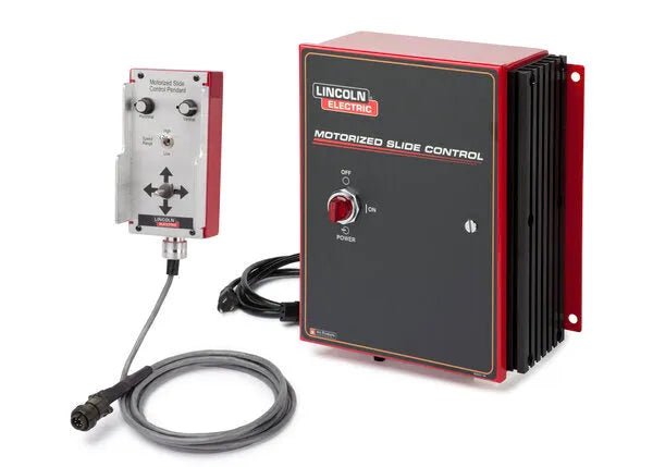 The Lincoln MS Control Package (CS250 & CS450 K52018-1) includes a control unit, handheld pendant, and cables for precise welding joint positioning, shown with labeled controls and power knob against a white background.