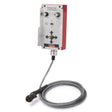 The Lincoln MS Motorized Slide Control Pendant K52024-1 features a rectangular red and silver panel with two dials, four directional arrows, and a long gray cable with a round connector, ideal for welding automation control.